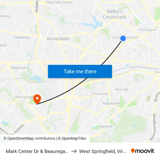 Mark Center Dr & Beauregard St to West Springfield, Virginia map