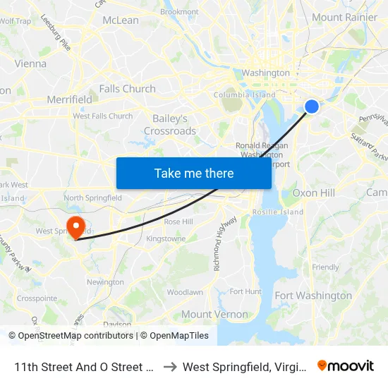 11th Street And O Street NE to West Springfield, Virginia map