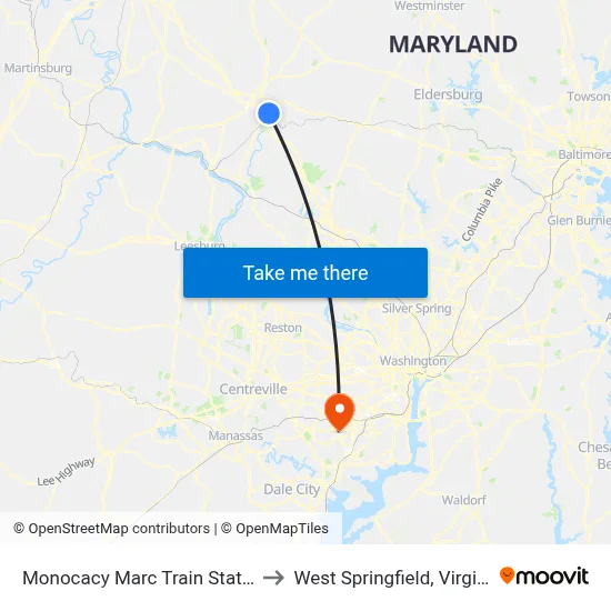 Monocacy Marc Train Station to West Springfield, Virginia map