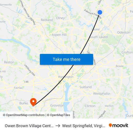 Owen Brown Village Center to West Springfield, Virginia map