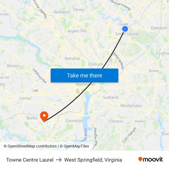 Towne Centre Laurel to West Springfield, Virginia map