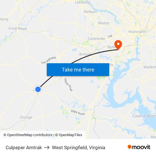 Culpeper Amtrak to West Springfield, Virginia map