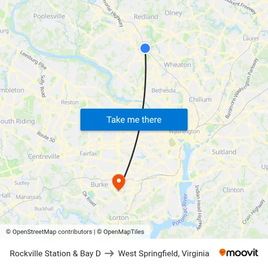 Rockville Station & Bay D to West Springfield, Virginia map