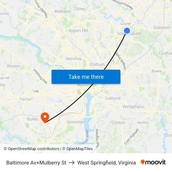 Baltimore Av+Mulberry St to West Springfield, Virginia map