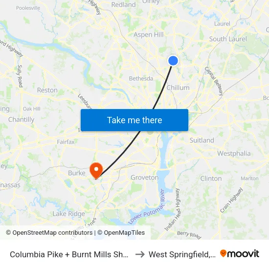 Columbia Pike + Burnt Mills Shopping Center to West Springfield, Virginia map