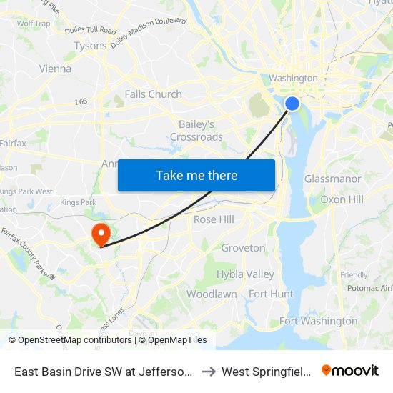 East Basin Drive SW at Jefferson Memorial (Wb) to West Springfield, Virginia map