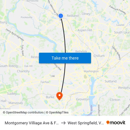 Montgomery Villiage Ave & Frederick to West Springfield, Virginia map