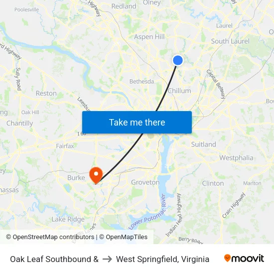 Oak Leaf Southbound & to West Springfield, Virginia map