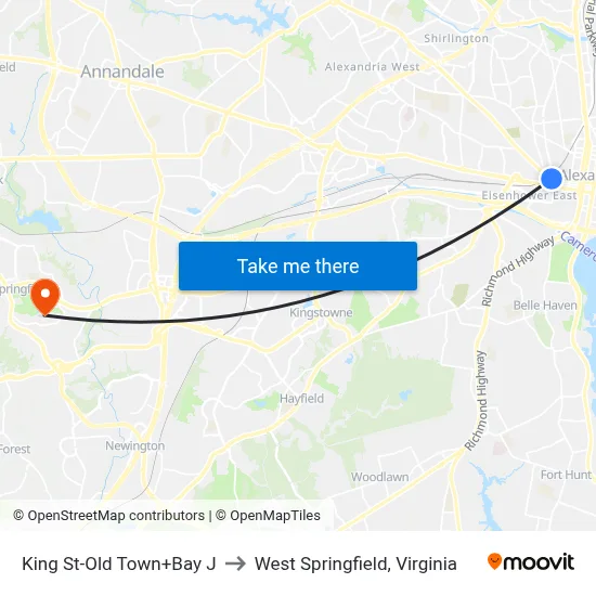 King St-Old Town+Bay J to West Springfield, Virginia map