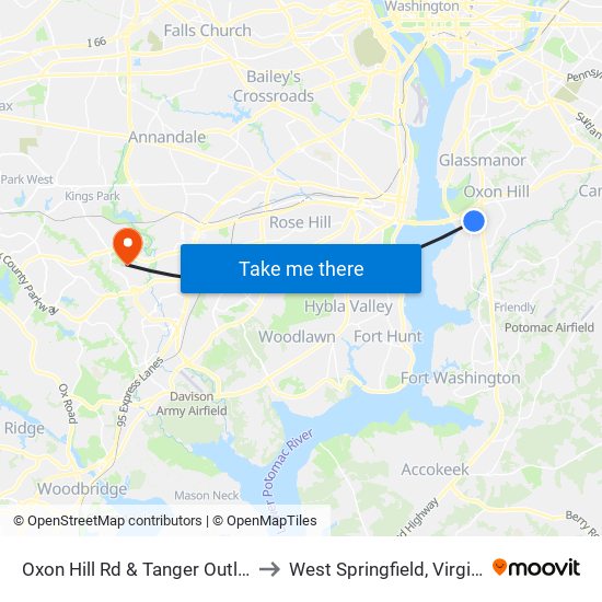 Oxon Hill Rd & Tanger Outlets to West Springfield, Virginia map