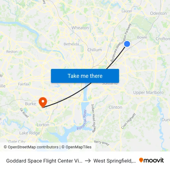 Goddard Space Flight Center Visitors Center to West Springfield, Virginia map