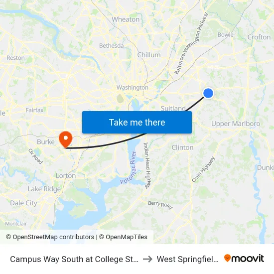 Campus Way South at College Station Drive (Pgcc) to West Springfield, Virginia map