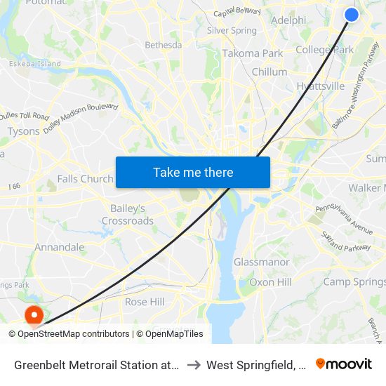 Greenbelt Metrorail Station at Bus Bay E to West Springfield, Virginia map