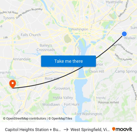 Capitol Heights Station + Bus Bay B to West Springfield, Virginia map