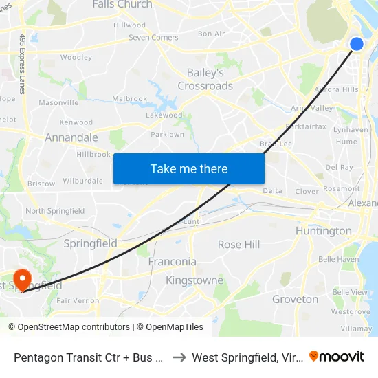 Pentagon Transit Ctr + Bus Bay U7 to West Springfield, Virginia map