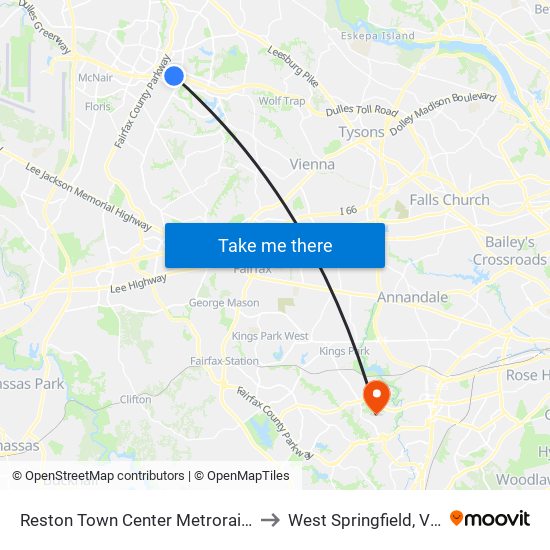 Reston Town Center Metrorail Station to West Springfield, Virginia map