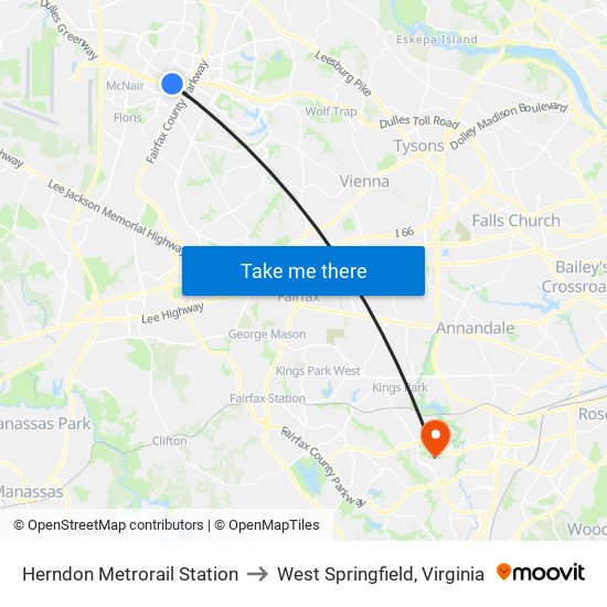 Herndon Metrorail Station to West Springfield, Virginia map