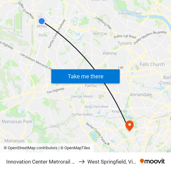 Innovation Center Metrorail Station to West Springfield, Virginia map