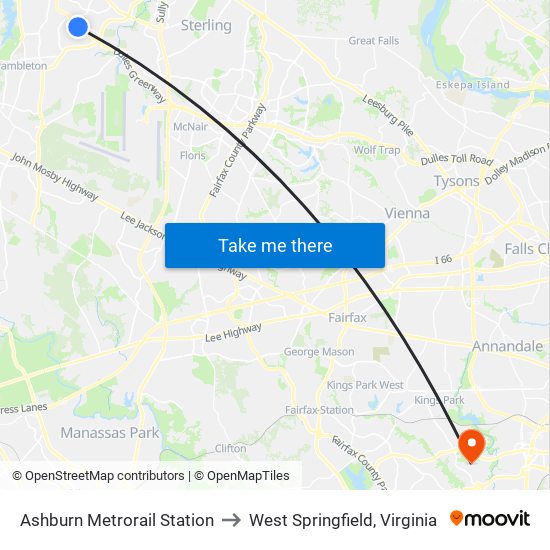Ashburn Metrorail Station to West Springfield, Virginia map