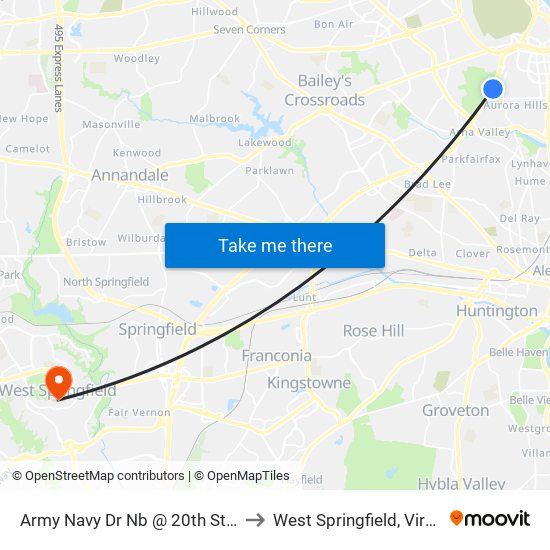 Army Navy Dr Nb @ 20th St S FS to West Springfield, Virginia map