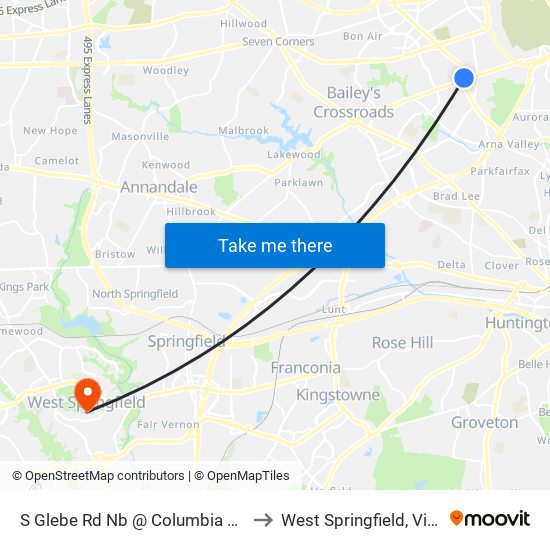 S Glebe Rd Nb @ Columbia Pike FS to West Springfield, Virginia map