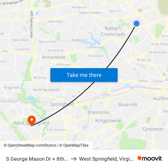 S George Mason Dr + 8th St to West Springfield, Virginia map