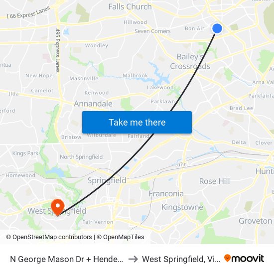 N George Mason Dr + Henderson Rd to West Springfield, Virginia map