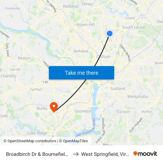 Broadbirch Dr & Bournefield Way to West Springfield, Virginia map