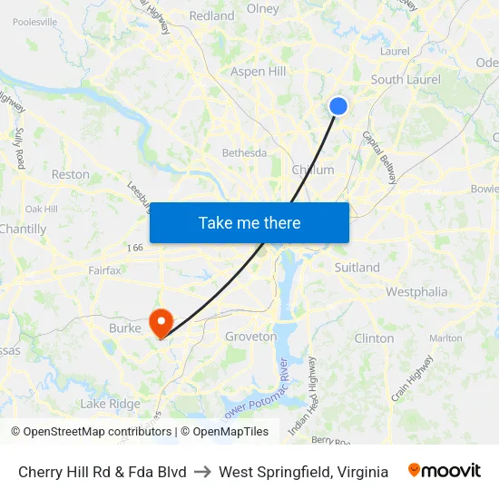 Cherry Hill Rd & Fda Blvd to West Springfield, Virginia map