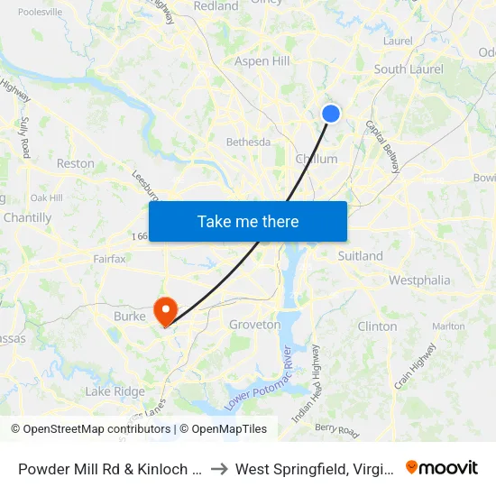 Powder Mill Rd & Kinloch Rd to West Springfield, Virginia map