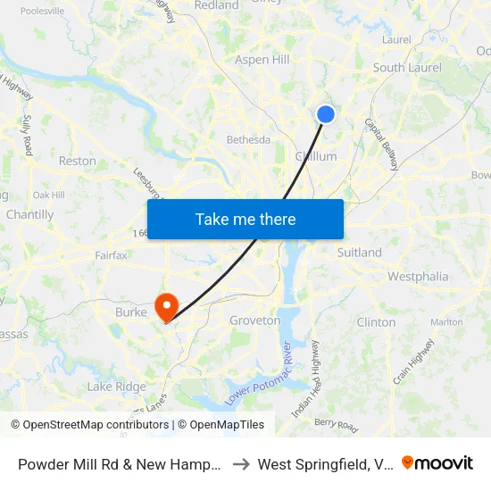 Powder Mill Rd & New Hampshire Ave to West Springfield, Virginia map