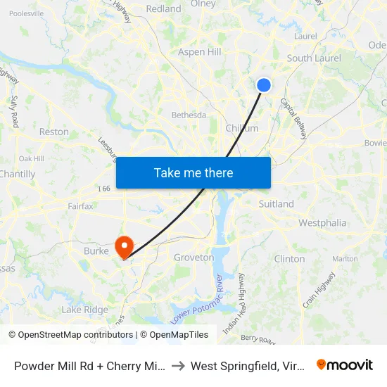 Powder Mill Rd + Cherry Mill Rd to West Springfield, Virginia map