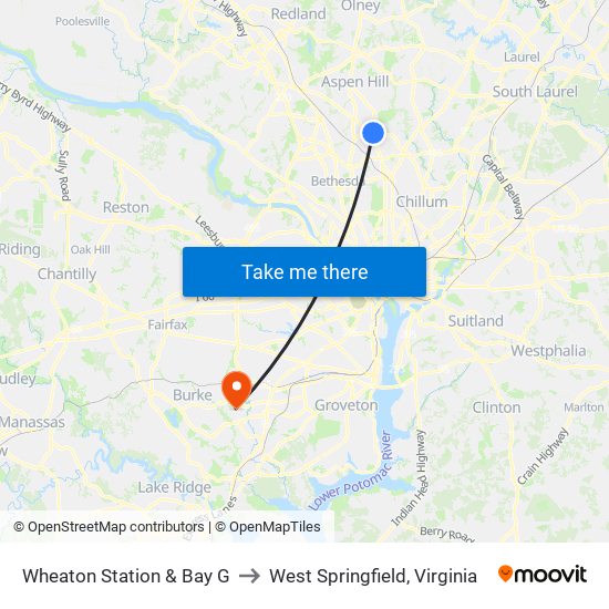 Wheaton Station & Bay G to West Springfield, Virginia map