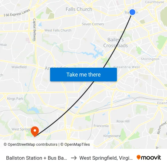 Ballston Station + Bus Bay H to West Springfield, Virginia map