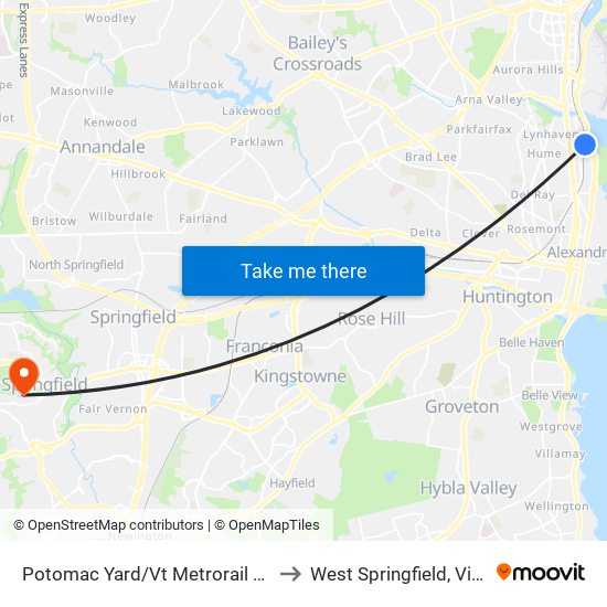 Potomac Yard/Vt Metrorail Station to West Springfield, Virginia map