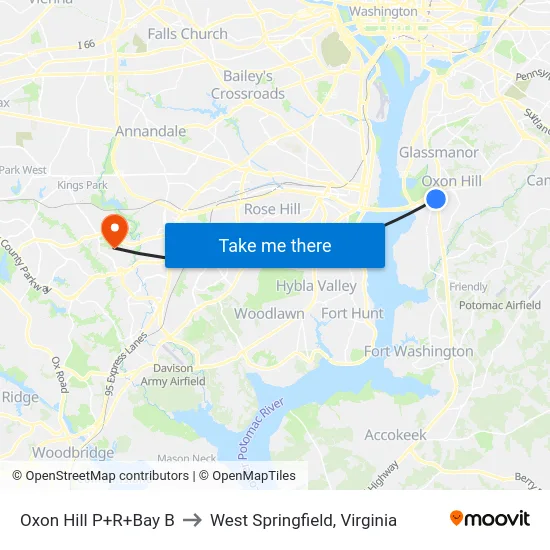 Oxon Hill P+R+Bay B to West Springfield, Virginia map