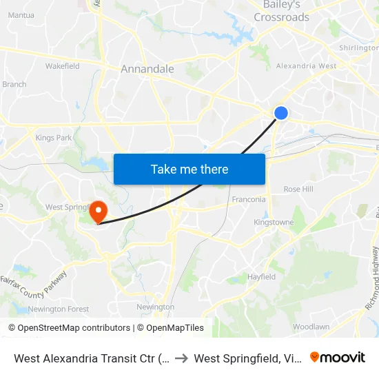 West Alexandria Transit Ctr (Bay A) to West Springfield, Virginia map