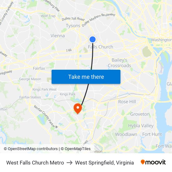 West Falls Church Metro to West Springfield, Virginia map