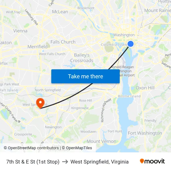 7th St & E St (1st Stop) to West Springfield, Virginia map