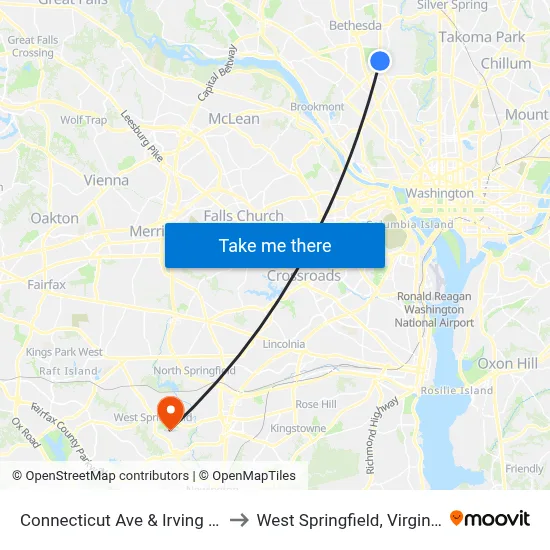 Connecticut Ave & Irving St to West Springfield, Virginia map