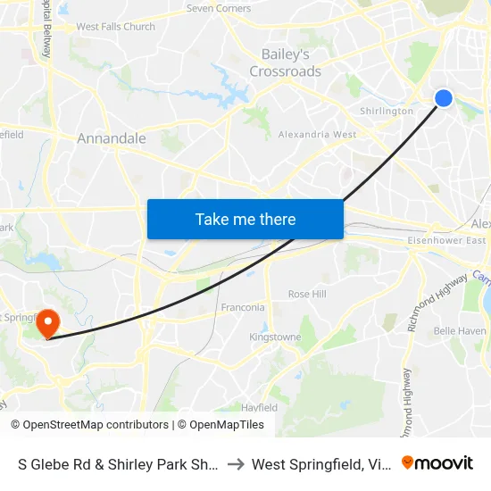 S Glebe Rd & Shirley Park Shopping to West Springfield, Virginia map