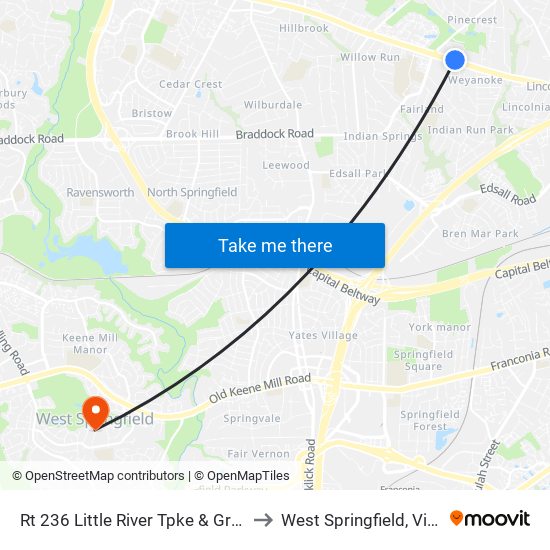 Rt 236 Little River Tpke & Green SP to West Springfield, Virginia map