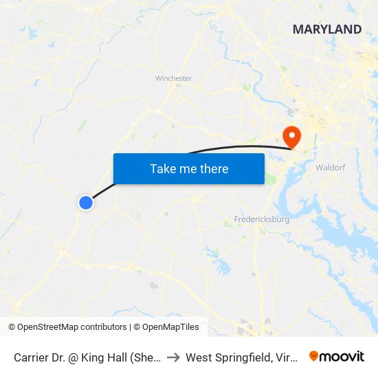 Carrier Dr. @ King Hall (Shelter) to West Springfield, Virginia map