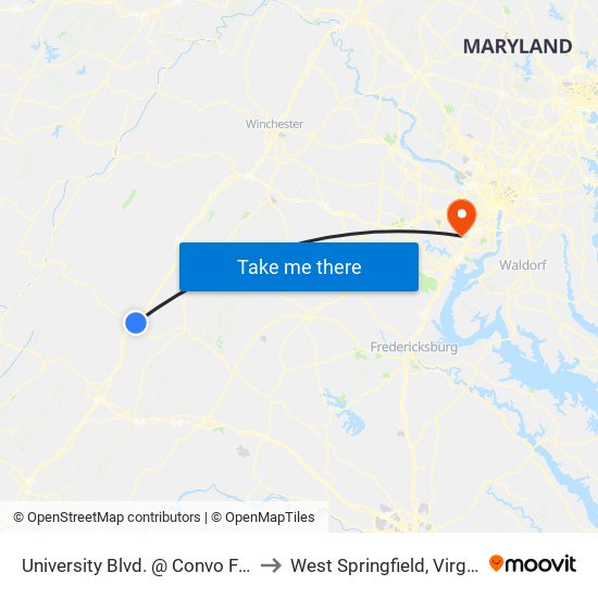 University Blvd. @ Convo F Lot to West Springfield, Virginia map