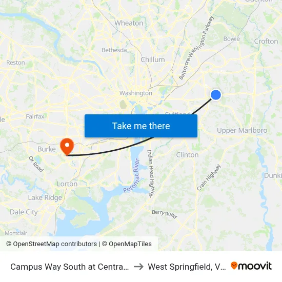 Campus Way South at Central Avenue to West Springfield, Virginia map