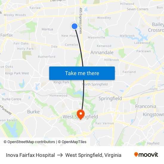 Fairfax Hospital to West Springfield, Virginia map