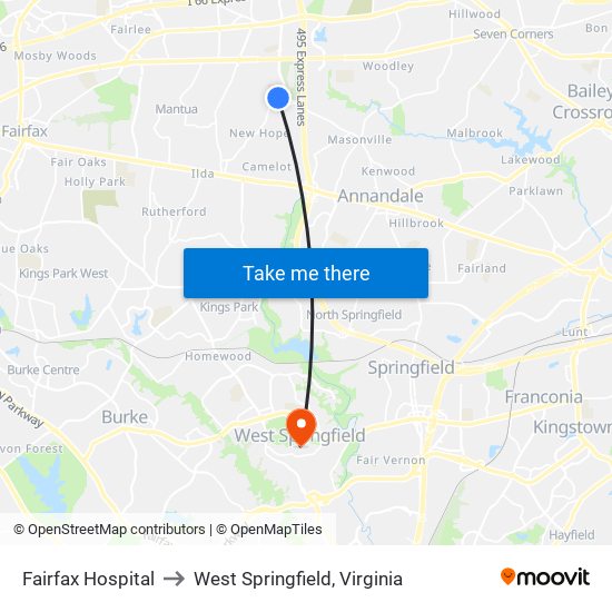 Fairfax Hospital to West Springfield, Virginia map