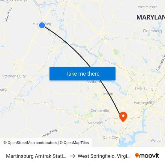 Martinsburg Amtrak Station to West Springfield, Virginia map
