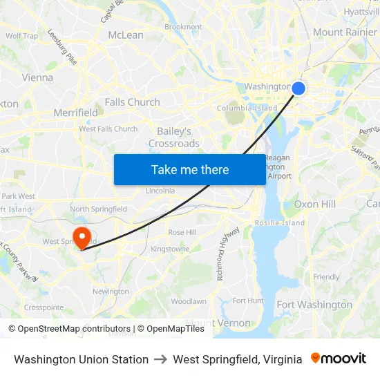 Washington Union Station to West Springfield, Virginia map