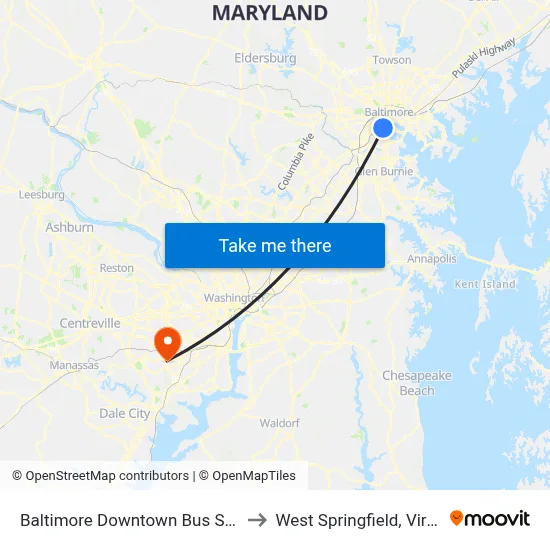 Baltimore Downtown Bus Station to West Springfield, Virginia map